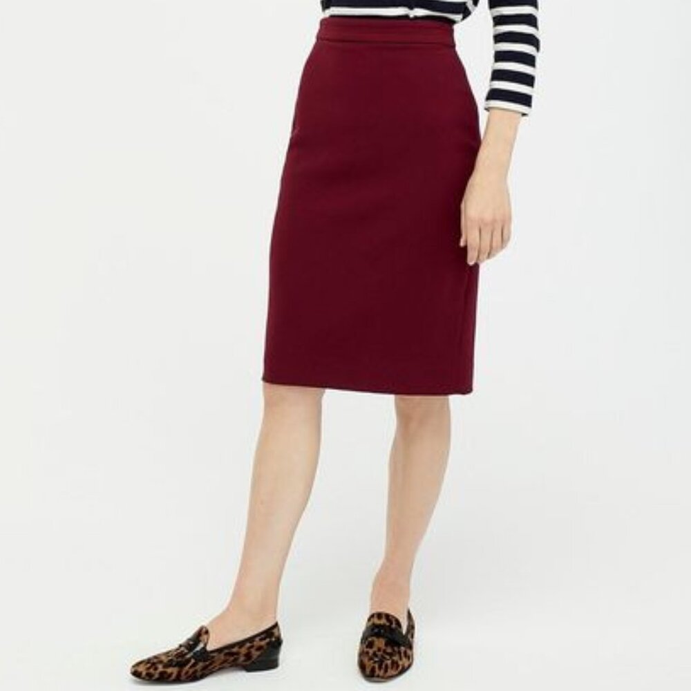 NWOT J.Crew No. 2 Pencil Double Serge Wool Skirt Burgundy Wine Size 0 Petite
